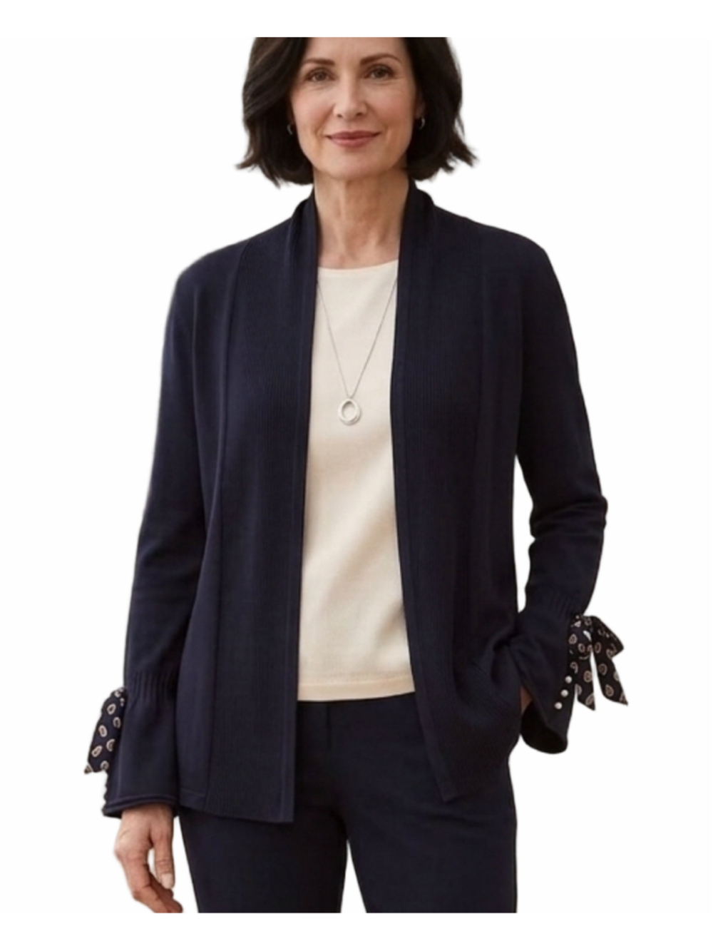 Olsen Navy Blue Open Front Cardigan Ribbed Knit Sweater Patterned Tie Cuffs 2075